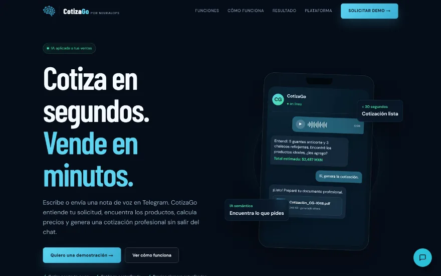 Página de CotizaGo, el cotizador por Telegram.