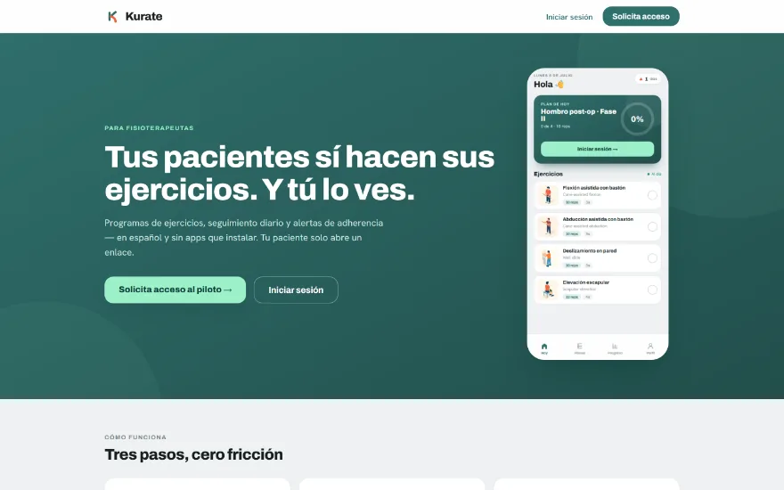 Página de Kurate, seguimiento de rehabilitación para pacientes.