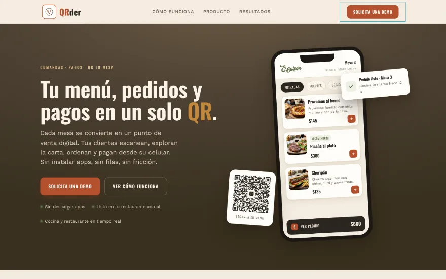 Página de Qrder, comandas y pagos por QR en mesa.